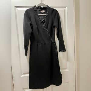 Vintage 1970 R&K Knits brand, black wrap knit dress, with ribbon details n/s m-l